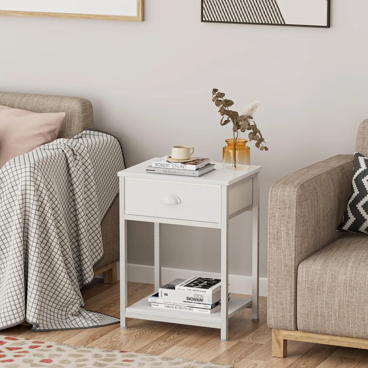 Furologee White Nightstands Set of 2, End Table with Fabric Drawer, Small Side Table for Small Spaces, 2 Tiers Storage Shelves End Table, Bedside Table for Living Room, Bedroom, Dorm