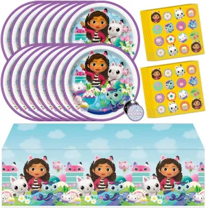 Gabby Dollhouse Party Decorations | Gabby Dollhouse Birthday Decorations | Tablecover, Plates, Napkins, Button | Serves 16 |