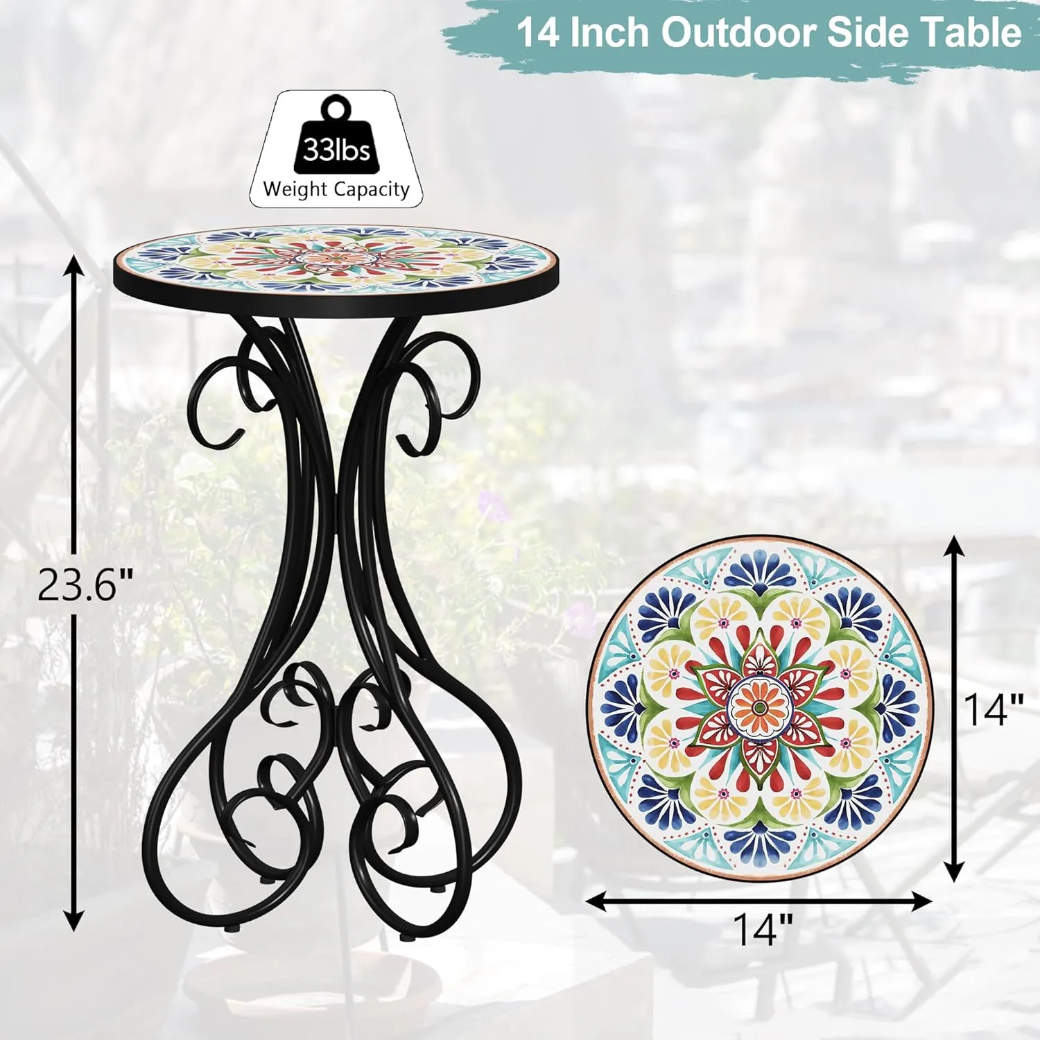 Gadroad Round Side Table, Mosaic Patio Table and Plant Stand Outdoor, 14" Tempered Glass Tabletop & Black Metal Frame for Yard Porch Balcony Garden Bedside, Daisy 15.4 * 15.4 * 23.6inches