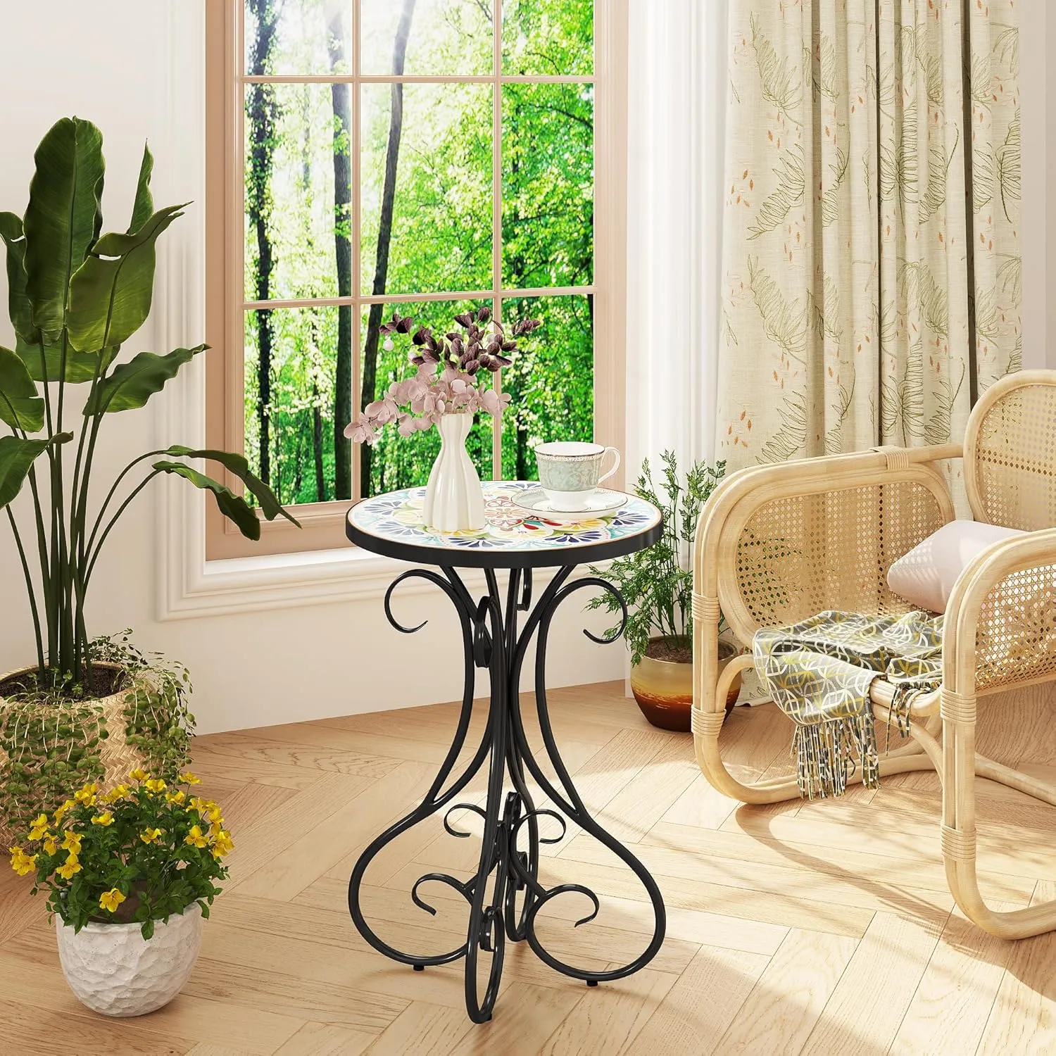 Gadroad Round Side Table, Mosaic Patio Table and Plant Stand Outdoor, 14" Tempered Glass Tabletop & Black Metal Frame for Yard Porch Balcony Garden Bedside, Daisy 15.4 * 15.4 * 23.6inches