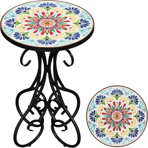 Gadroad Round Side Table, Mosaic Patio Table and Plant Stand Outdoor, 14" Tempered Glass Tabletop & Black Metal Frame for Yard Porch Balcony Garden Bedside, Daisy 15.4 * 15.4 * 23.6inches