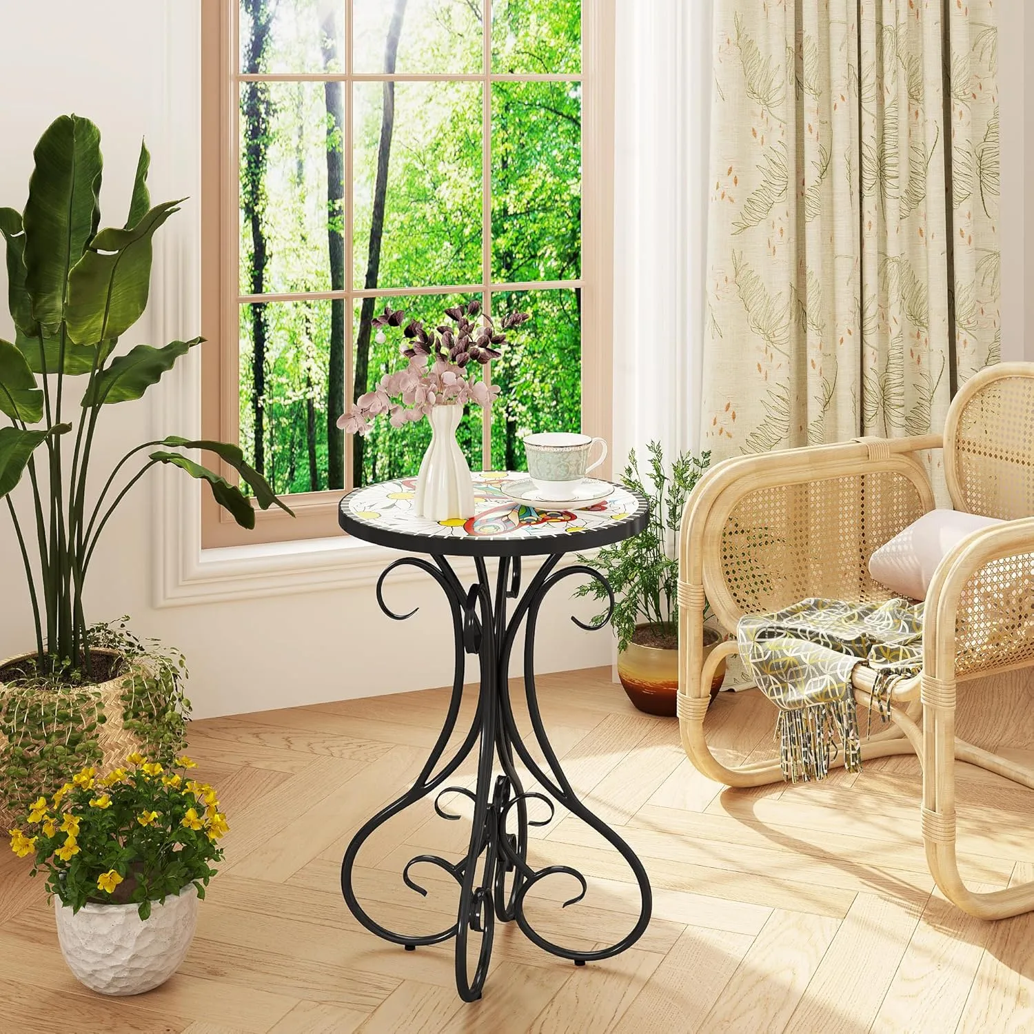 Gadroad Round Side Table, Patio Table and Plant Stand Outdoor, Small Porch Table 14" Tempered Glass Tabletop & Black Metal Frame for Yard Porch Balcony Garden Bedside, Butterfly 15.4*15.4*23.6inches
