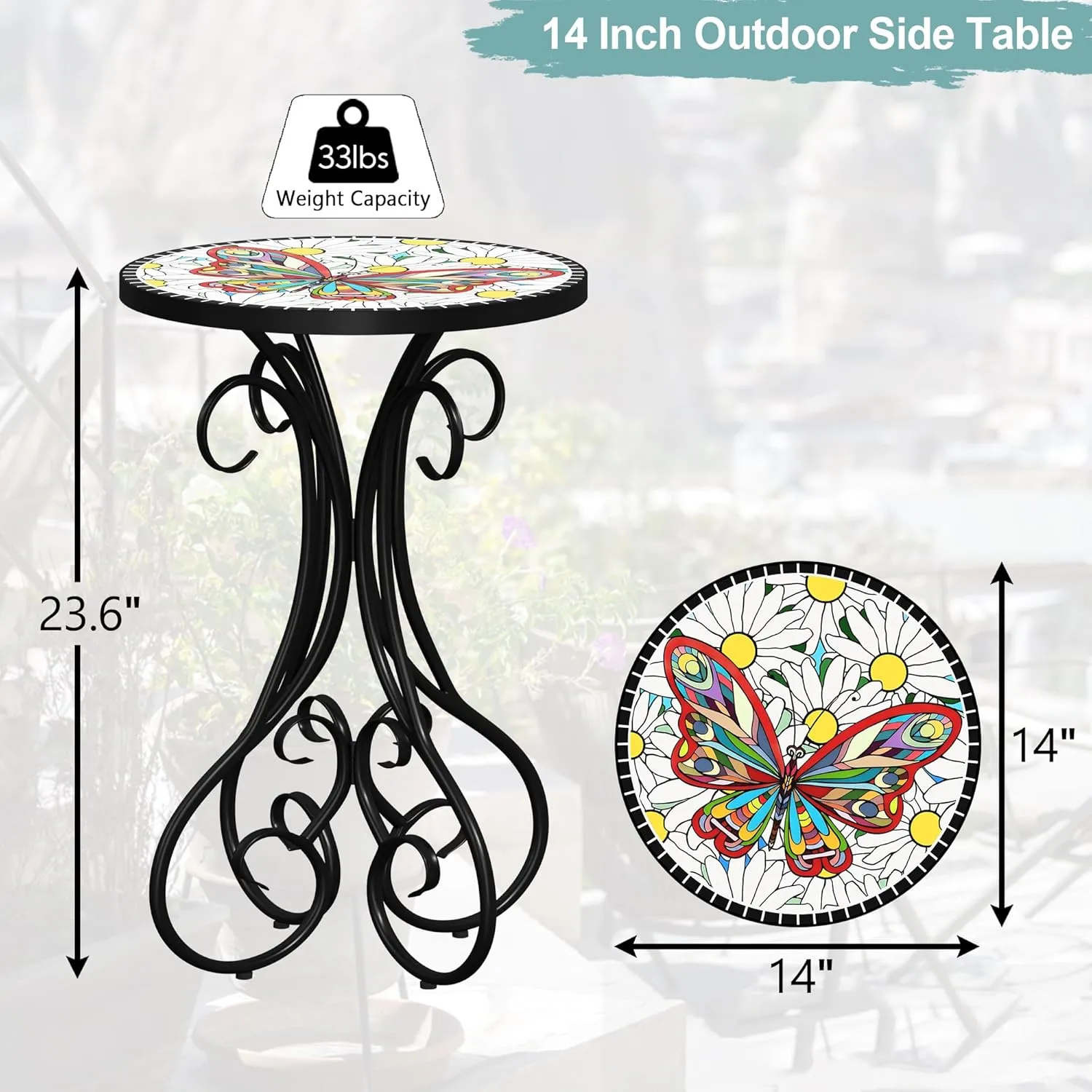 Gadroad Round Side Table, Patio Table and Plant Stand Outdoor, Small Porch Table 14" Tempered Glass Tabletop & Black Metal Frame for Yard Porch Balcony Garden Bedside, Butterfly 15.4*15.4*23.6inches