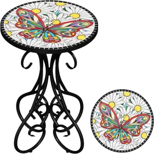 Gadroad Round Side Table, Patio Table and Plant Stand Outdoor, Small Porch Table 14" Tempered Glass Tabletop & Black Metal Frame for Yard Porch Balcony Garden Bedside, Butterfly 15.4*15.4*23.6inches