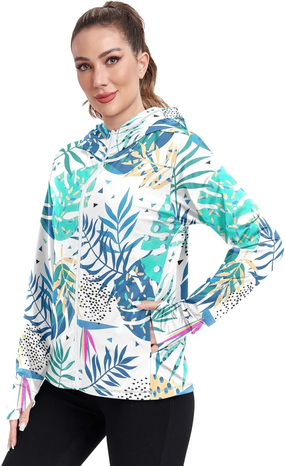 GAIGEO Bright Tropical Leaves White Women Jacket Breathable Cool UPF 50  Summer Jacket Women, XXL