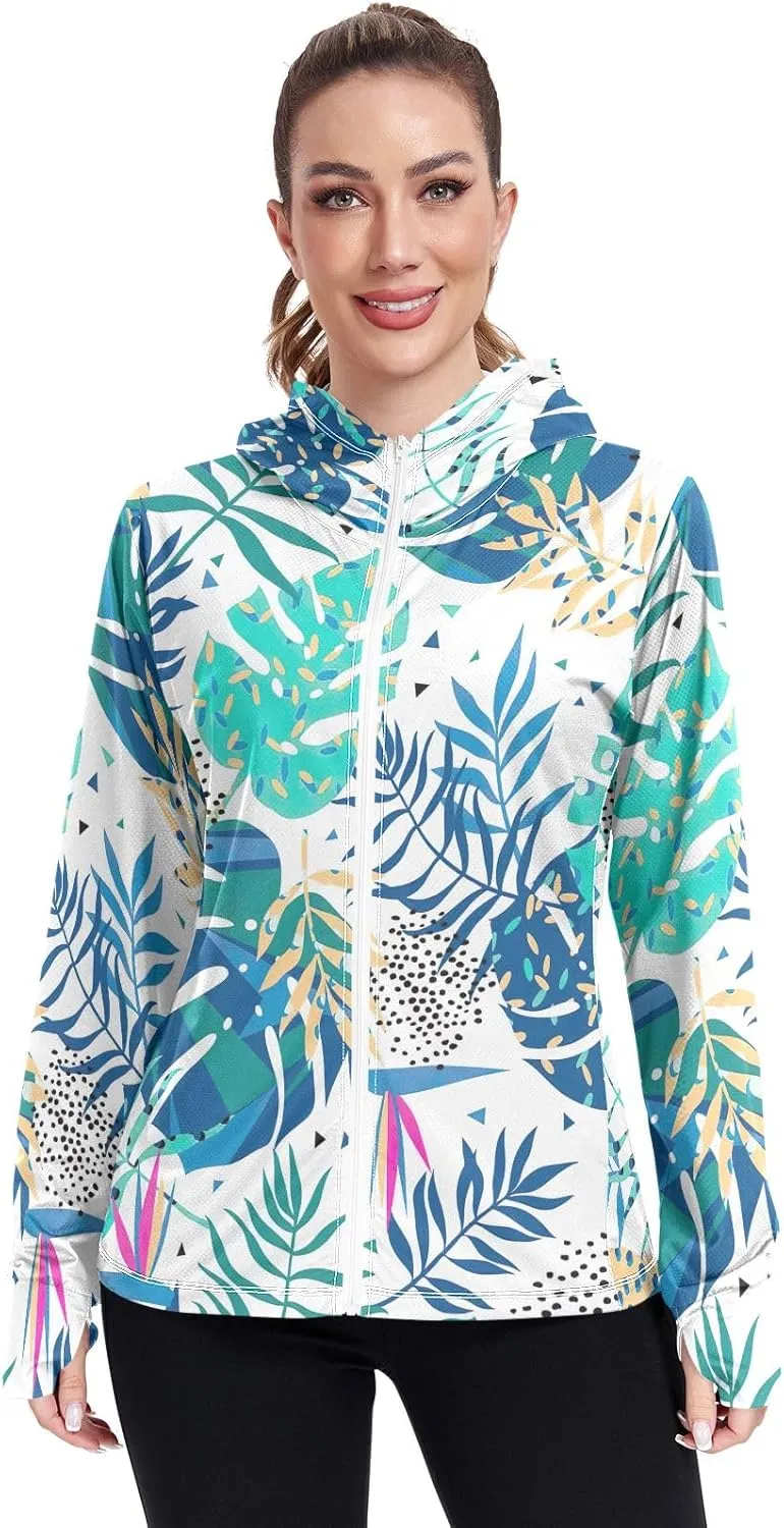 GAIGEO Bright Tropical Leaves White Women Jacket Breathable Cool UPF 50  Summer Jacket Women, XXL