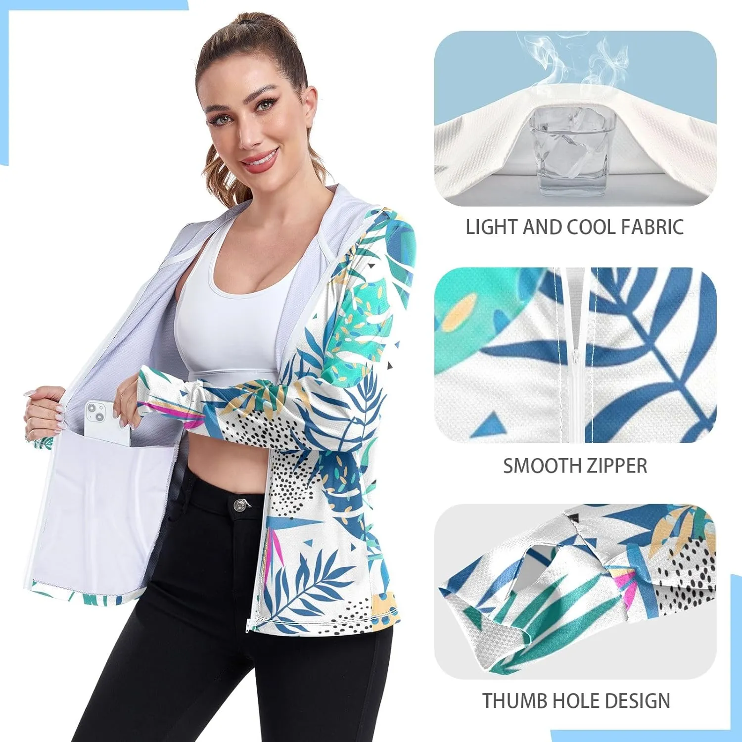 GAIGEO Bright Tropical Leaves White Women Jacket Breathable Cool UPF 50  Summer Jacket Women, XXL