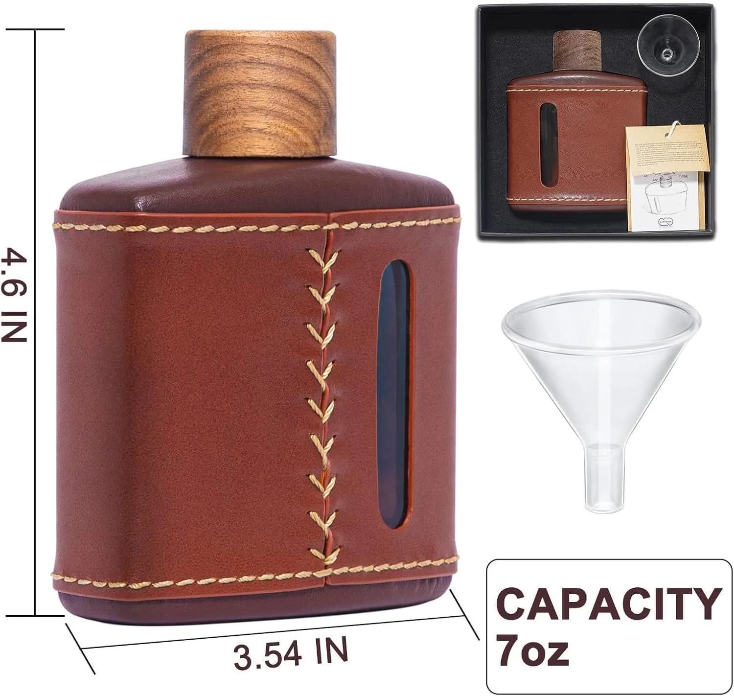 Garybank Handmade Genuine Leather Hip Flasks for Liquor for Men, Fathers Day Flask Gifts Glass Whiskey with Funnel & Wood Lids Leakproof for Hennessy Liquor & Spirits, Premium Gifts Idea(Brown, 200ml)