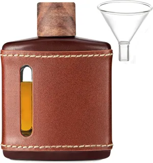 Garybank Handmade Genuine Leather Hip Flasks for Liquor for Men, Fathers Day Flask Gifts Glass Whiskey with Funnel & Wood Lids Leakproof for Hennessy Liquor & Spirits, Premium Gifts Idea(Brown, 200ml)