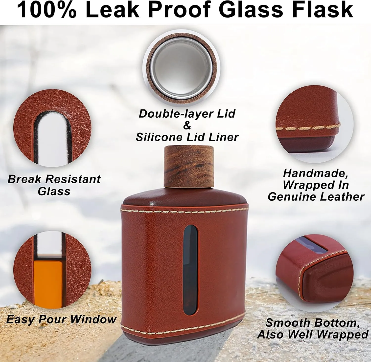 Garybank Handmade Genuine Leather Hip Flasks for Liquor for Men, Fathers Day Flask Gifts Glass Whiskey with Funnel & Wood Lids Leakproof for Hennessy Liquor & Spirits, Premium Gifts Idea(Brown, 200ml)