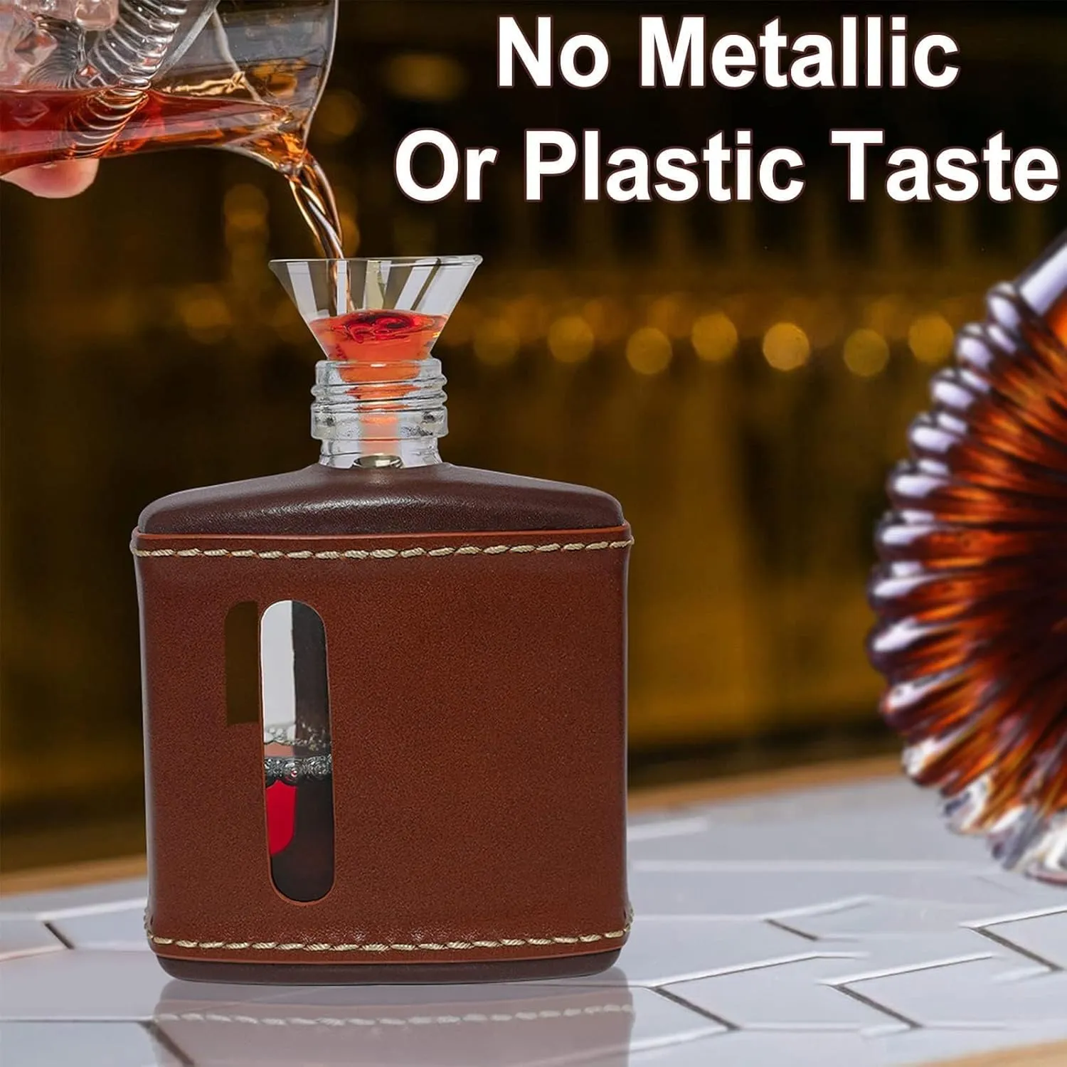 Garybank Handmade Genuine Leather Hip Flasks for Liquor for Men, Fathers Day Flask Gifts Glass Whiskey with Funnel & Wood Lids Leakproof for Hennessy Liquor & Spirits, Premium Gifts Idea(Brown, 200ml)