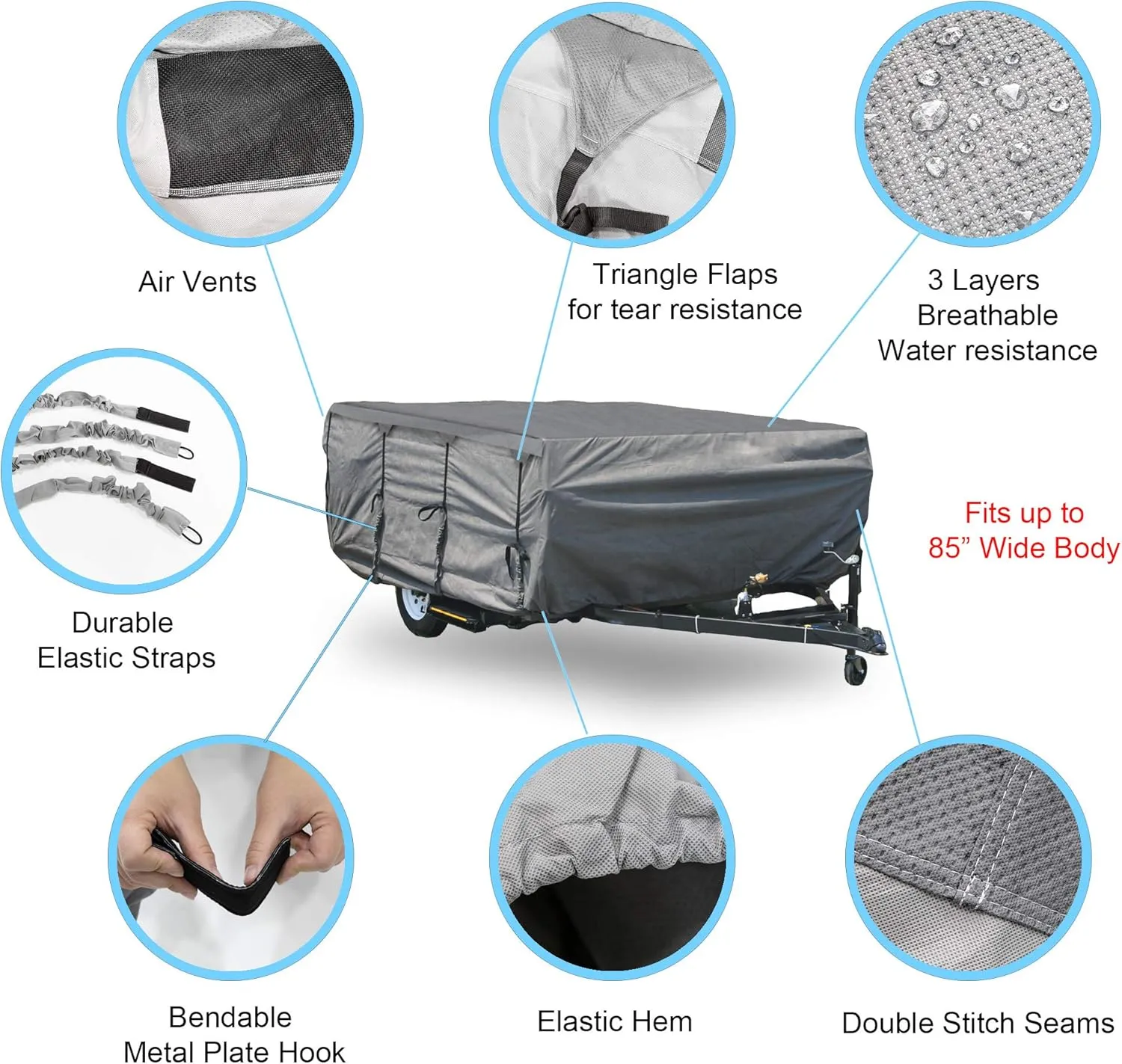 GEARFLAG Pop-up Folding Camper Cover Fits 8'-10' Reinforced Windproof Side-Straps, Anti-UV Water-Resistance Multi-Layers Heavy Duty for Trailer RV Camper pop up Cover (Fits 8' - 10')