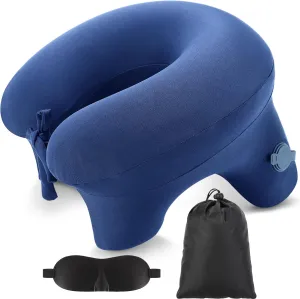 Geelin Inflatable Travel Pillow for Airplane Lightweight Table Inflatable Neck Supports Head and Chin with Compact Bag and Blindfold U Shaped Pillow for Traveling, Train, Car, Office Table(Dark Blue)