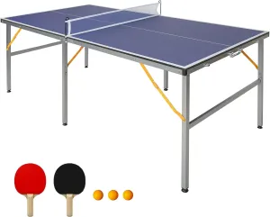 Generic 6ft Mid-Sized Table Tennis Foldable Portable Table Tennis Table with 2 Table Tennis Paddles and 3 Balls with Net for Indoor/Outdoor Use, Blue