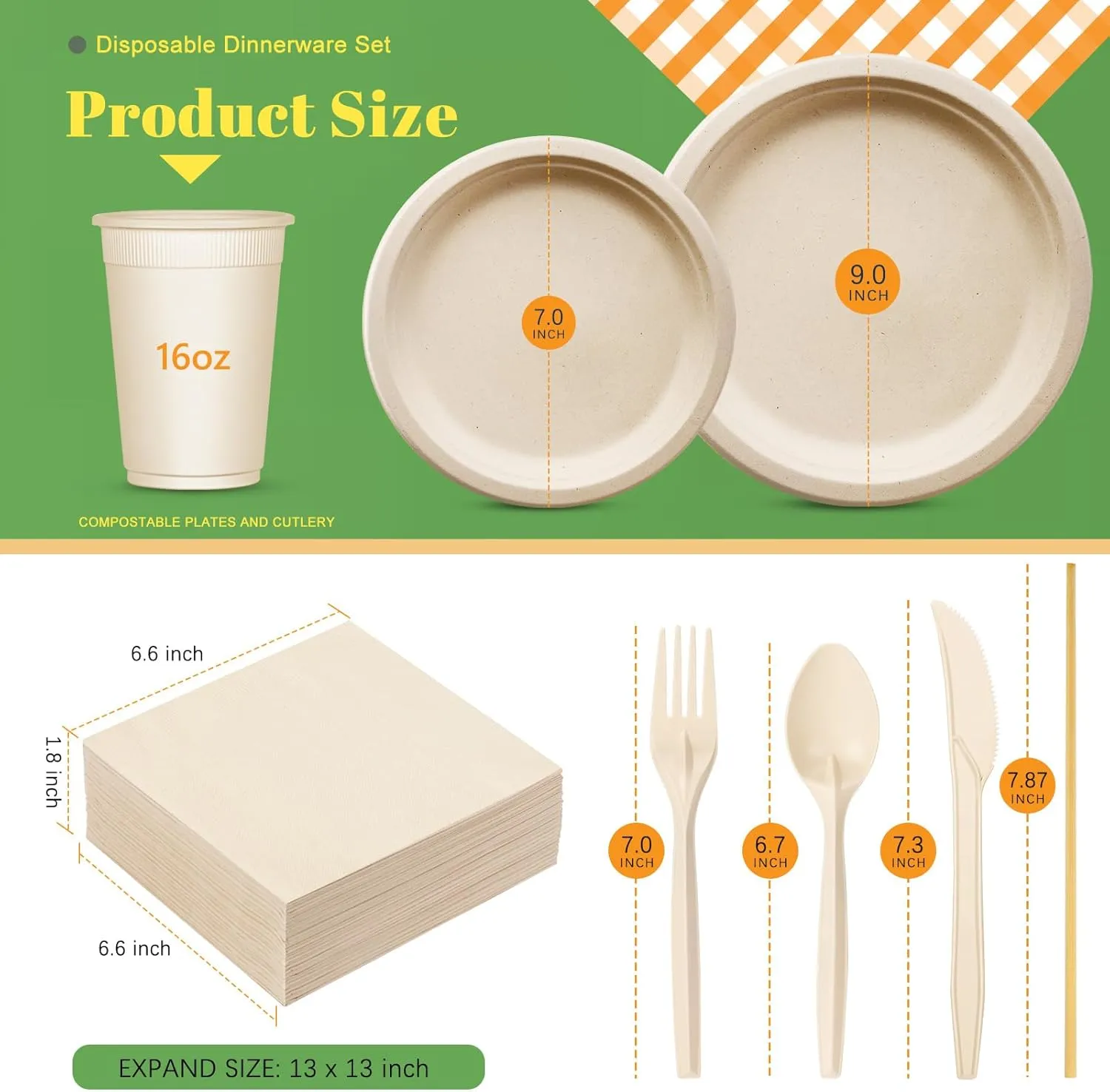 Gezond 400pcs Compostable Paper Plates Set Eco-friendly Heavy-duty Disposable Paper Plates Cutlery Includes Biodegradable Plate, Forks, Knives, Spoons, Cups and Straws for Wedding Party