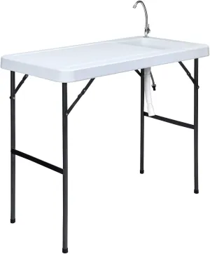 Giantex Fish Cleaning Table, Folding Table with Sink, Faucet and Drain Hose, Portable Outdoor Sink Station with Hose Hook Up, 45"x 23"x 37"