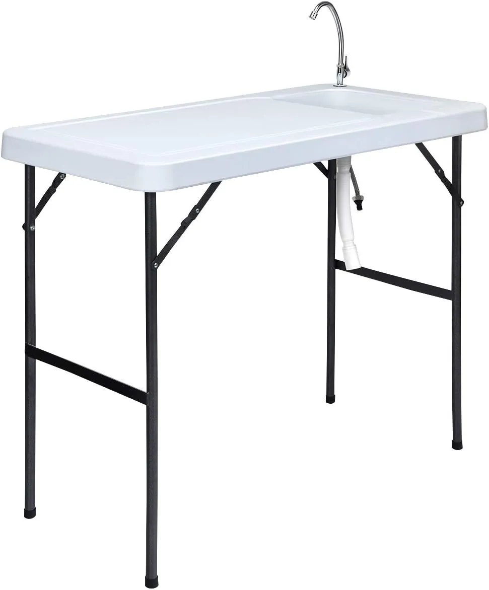 Giantex Fish Cleaning Table, Folding Table with Sink, Faucet and Drain Hose, Portable Outdoor Sink Station with Hose Hook Up, 45"x 23"x 37"