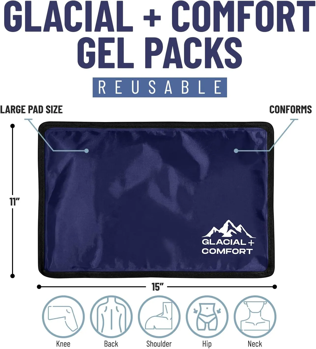Glacial Comfort Gel Ice Pack for Back Pain - (15" x 11") Reusable Cold Pads for Hip, Knee, Shoulder Injuries, Muscle Strains, Migraine & Postpartum Recovery with Flex Technology - Compression Pad.