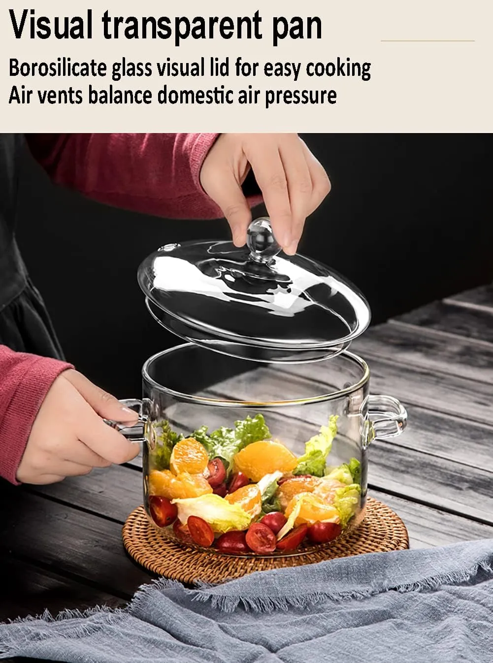 Glass Cooking Pot - 1.7L/57oz Glass Saucepan Heat-Resistant Borosilicate Glass Handmade Cookware Set stovetop Pot - Safe for Pasta Noodle, Soup, Milk, Tea,salad(1.7L/57oz)