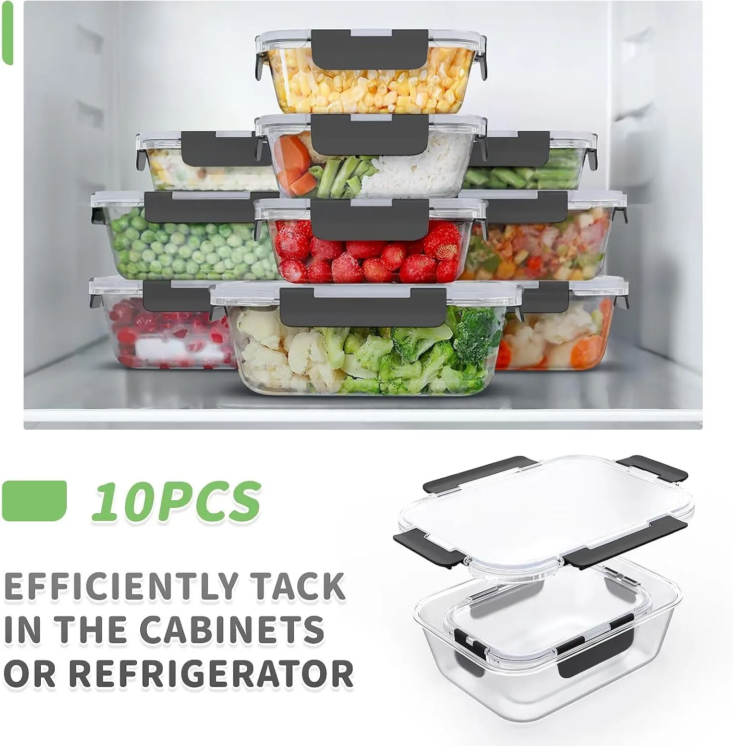 Glass Food Storage Containers 10 Pack, Glass Meal Prep Containers with Snap Lock Leakproof Lids, Reusable Microwave safe BPA-free Lunch Boxes (10 Containers & 10 Lids) 1040ml & 370ml