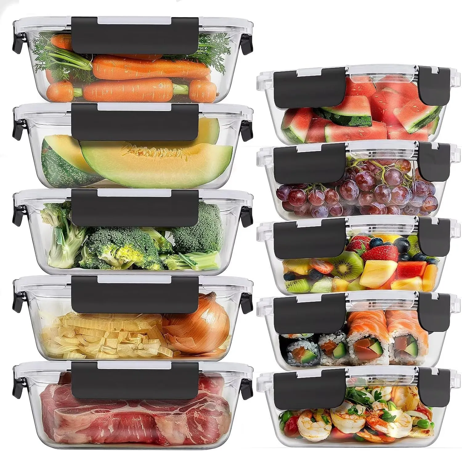 Glass Food Storage Containers 10 Pack, Glass Meal Prep Containers with Snap Lock Leakproof Lids, Reusable Microwave safe BPA-free Lunch Boxes (10 Containers & 10 Lids) 1040ml & 370ml