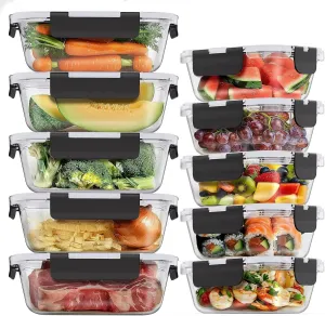 Glass Food Storage Containers 10 Pack, Glass Meal Prep Containers with Snap Lock Leakproof Lids, Reusable Microwave safe BPA-free Lunch Boxes (10 Containers & 10 Lids) 1040ml & 370ml
