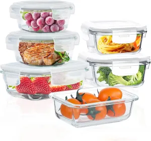 Glass Food Storage Containers with Lids Airtight 6 Pack, Glass Storage Containers with Lids for Food, Not Easy Broken & Leak Proof, Glass Containers with Lids for Oven/Dishwasher Safe, Grey