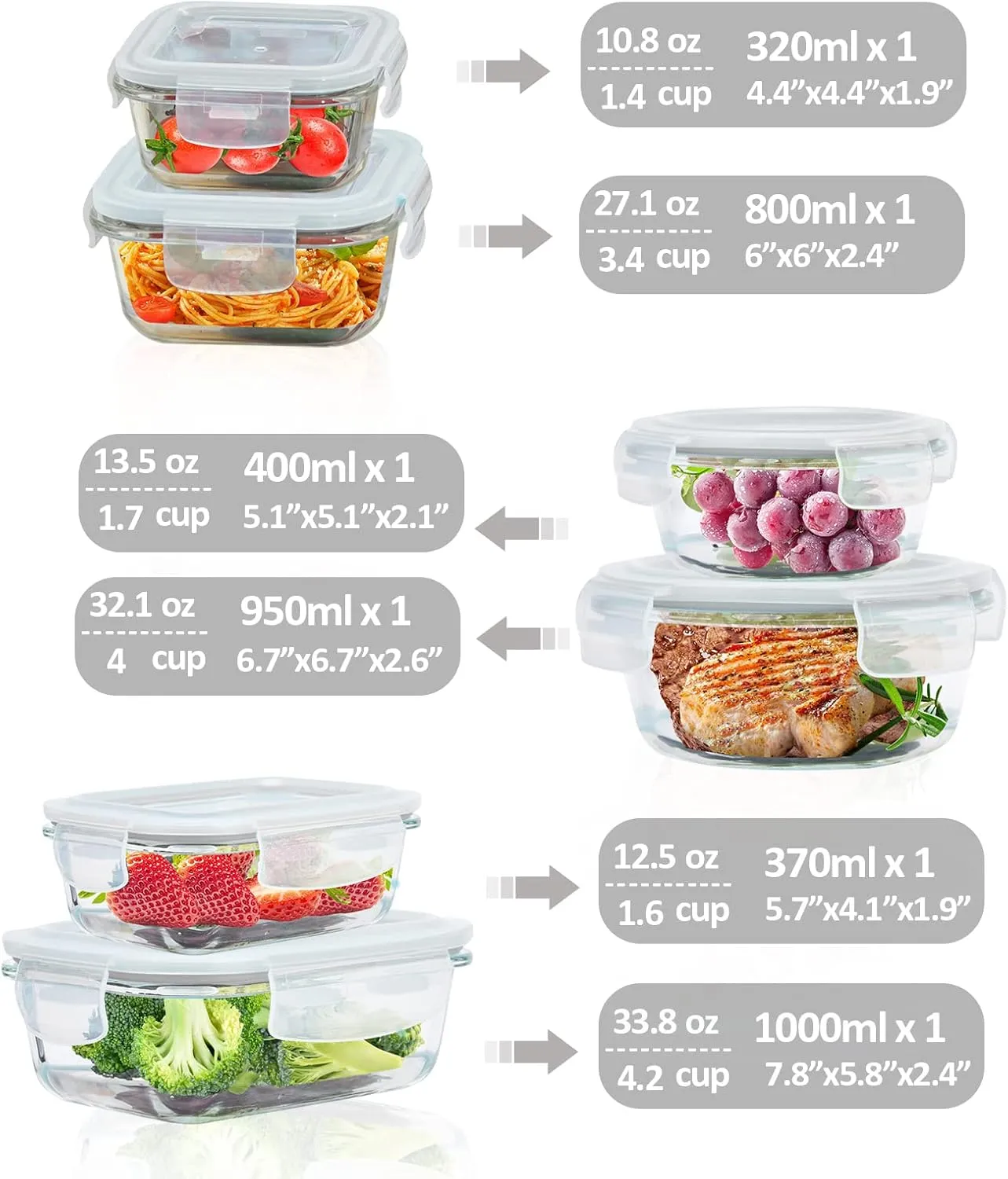 Glass Food Storage Containers with Lids Airtight 6 Pack, Glass Storage Containers with Lids for Food, Not Easy Broken & Leak Proof, Glass Containers with Lids for Oven/Dishwasher Safe, Grey