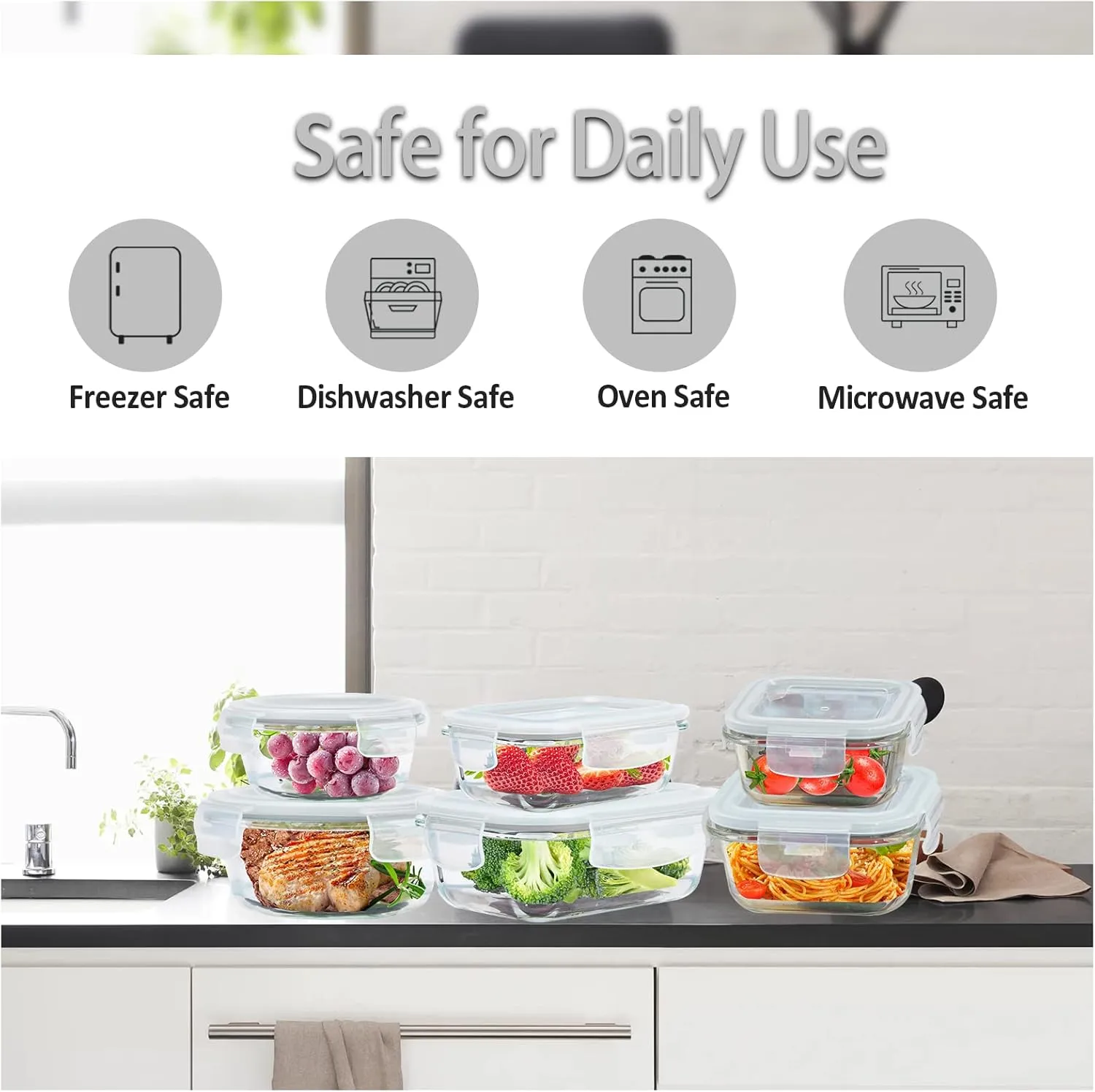 Glass Food Storage Containers with Lids Airtight 6 Pack, Glass Storage Containers with Lids for Food, Not Easy Broken & Leak Proof, Glass Containers with Lids for Oven/Dishwasher Safe, Grey