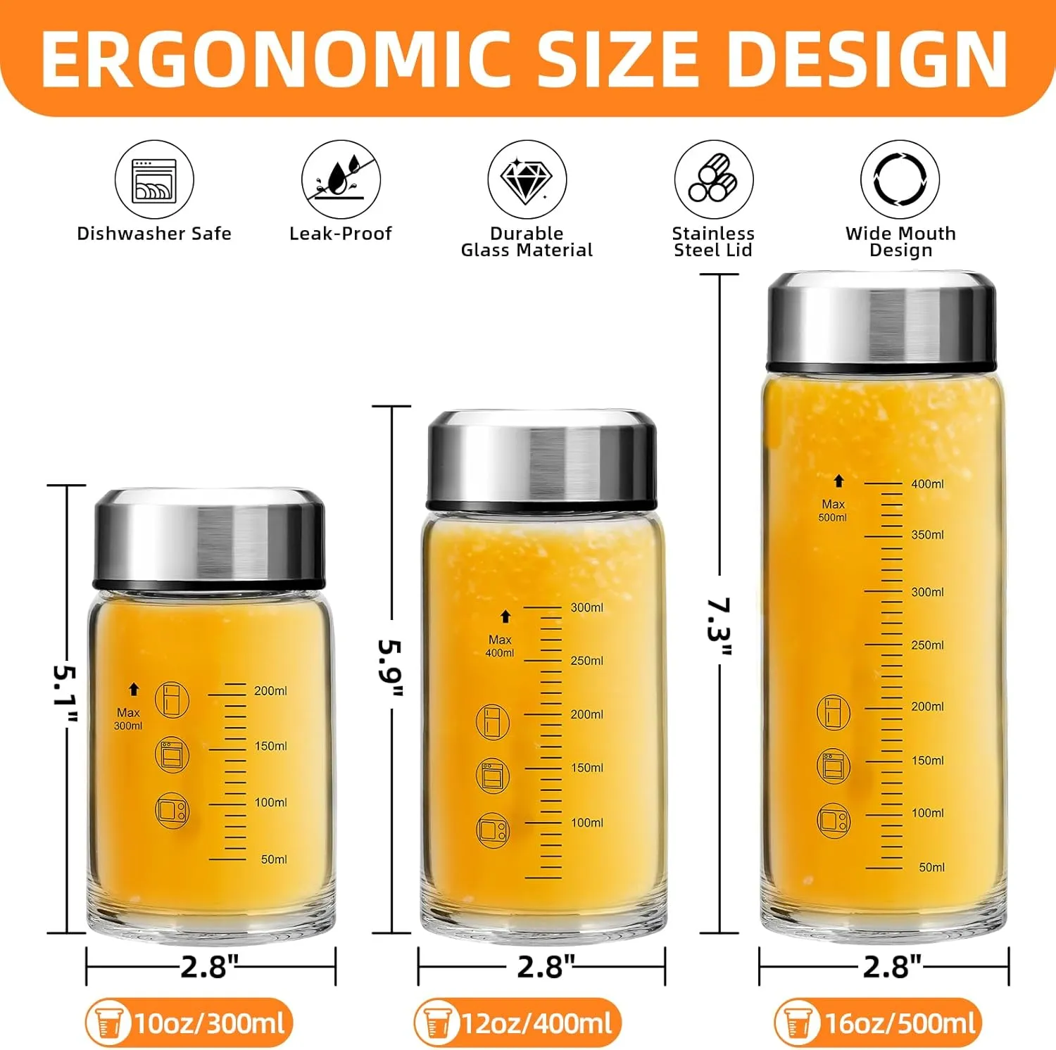 Glass Juice Bottles 4 Pack 16 oz - Wide Mouth Glass Water Bottles with Lids, Stainless Steel Lids for Juicing, Smoothies, Protein, Milk, Reusable & Leakproof Beverage Storage, BPA Free