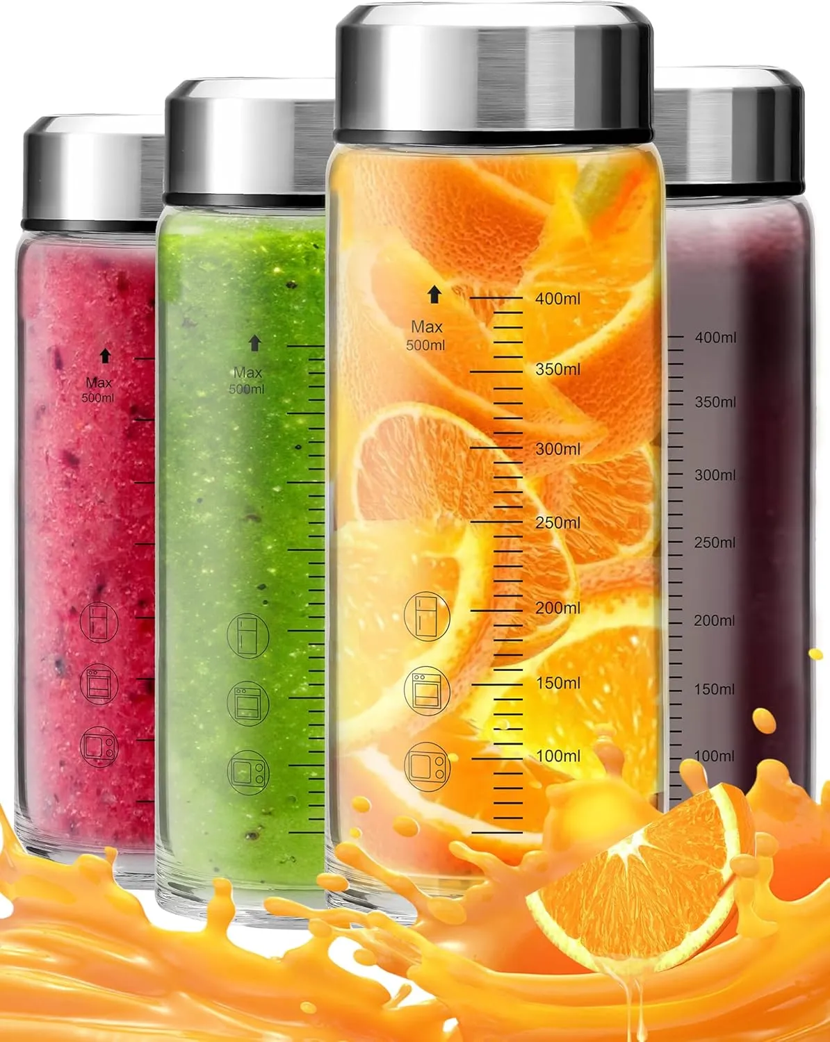 Glass Juice Bottles 4 Pack 16 oz - Wide Mouth Glass Water Bottles with Lids, Stainless Steel Lids for Juicing, Smoothies, Protein, Milk, Reusable & Leakproof Beverage Storage, BPA Free