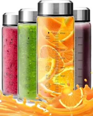 Glass Juice Bottles 4 Pack 16 oz - Wide Mouth Glass Water Bottles with Lids, Stainless Steel Lids for Juicing, Smoothies, Protein, Milk, Reusable & Leakproof Beverage Storage, BPA Free