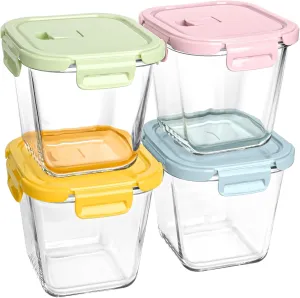 Glass Soup Containers with Lids 32 oz, 4 Cup Borosilicate Glass Food Storage Containers, Microwave & Freezer Safe Jars, Small Square Meal Prep Bowl for Salad, Fruit, Lunch, Ice Cream, Travel, 4 Pack