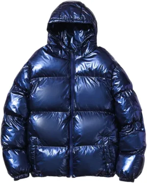 Glossy Puffer Jacket Men Hooded Down Jacket Zip up Quilted Jacket Warm Padded Jacket Insulated Winter Coat with Pockets
