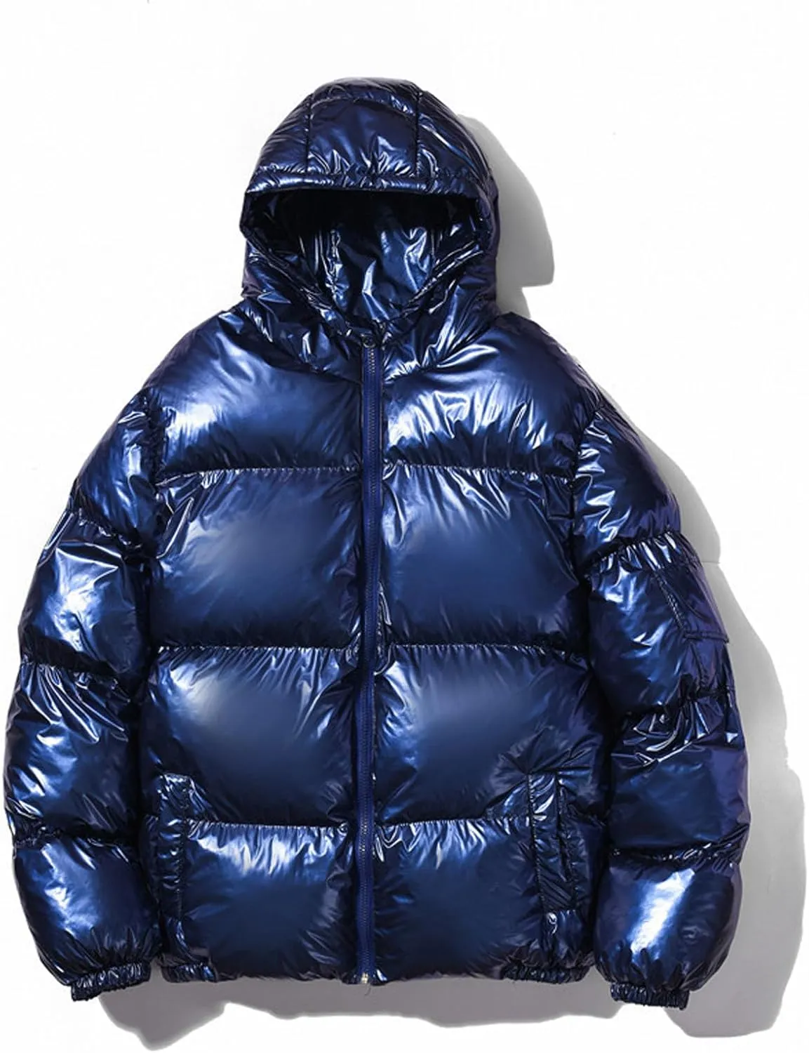 Glossy Puffer Jacket Men Hooded Down Jacket Zip up Quilted Jacket Warm Padded Jacket Insulated Winter Coat with Pockets