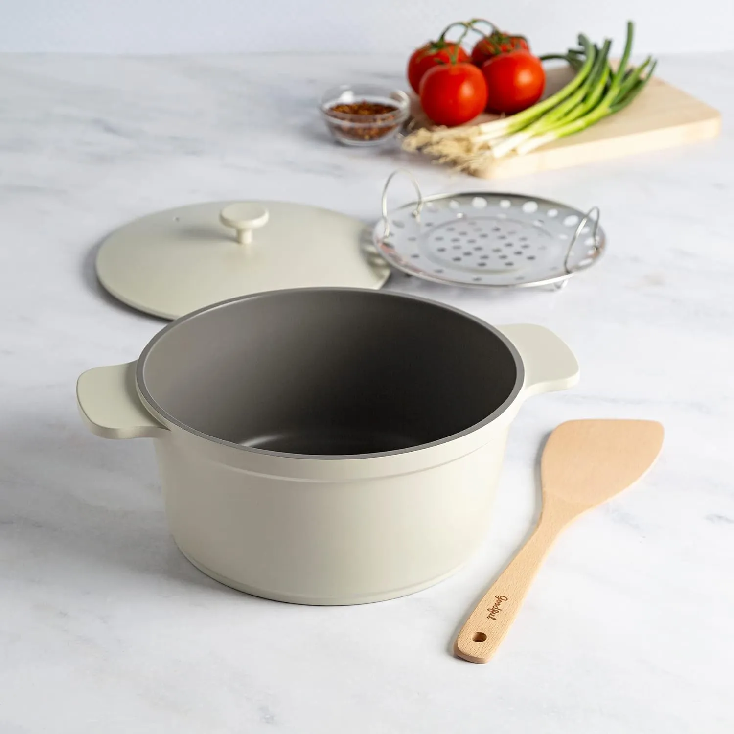 Goodful All-In-One Pot, Multilayer Nonstick, High Performance Cast Dutch Oven With Matching Lid, Roasting Rack And Turner, Made Without PFOA, Dishwasher Safe Cookware, 4.7-Quart, Linen