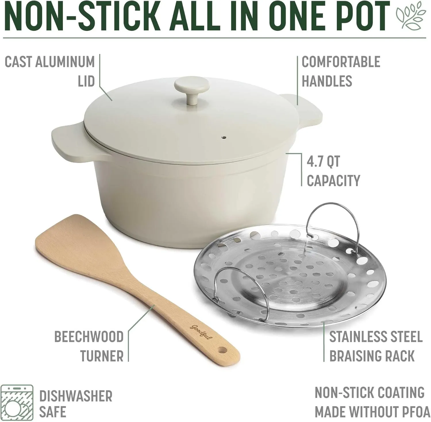 Goodful All-In-One Pot, Multilayer Nonstick, High Performance Cast Dutch Oven With Matching Lid, Roasting Rack And Turner, Made Without PFOA, Dishwasher Safe Cookware, 4.7-Quart, Linen