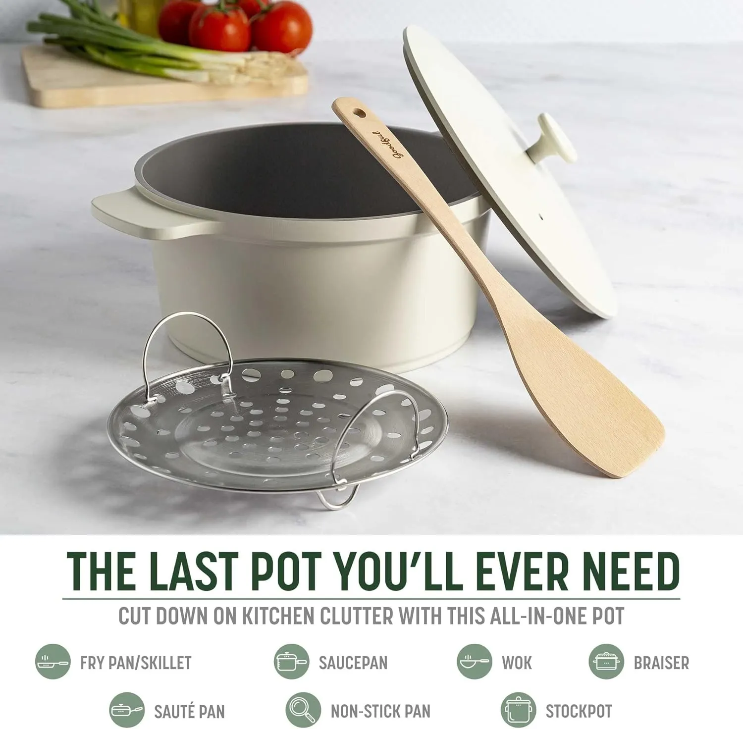 Goodful All-In-One Pot, Multilayer Nonstick, High Performance Cast Dutch Oven With Matching Lid, Roasting Rack And Turner, Made Without PFOA, Dishwasher Safe Cookware, 4.7-Quart, Linen