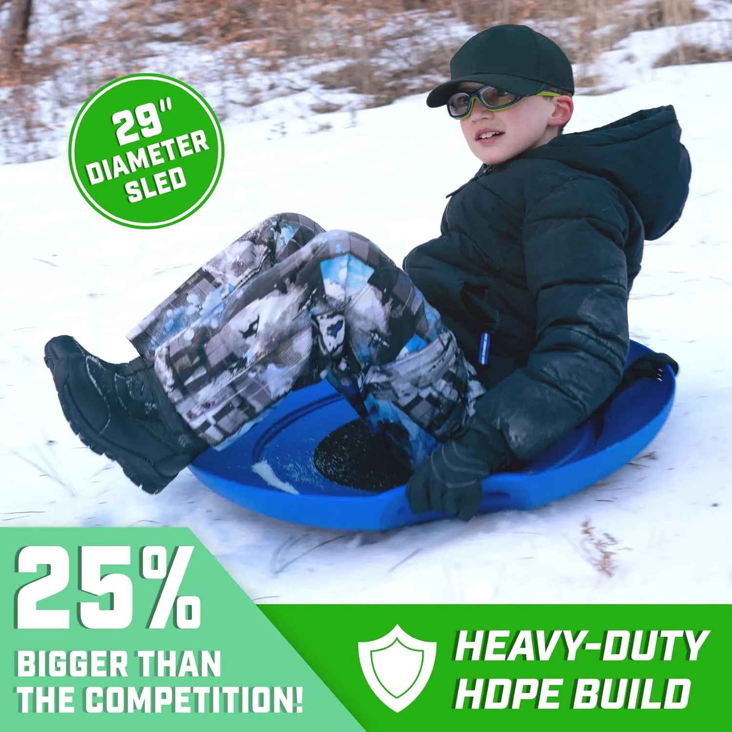 GoSports 29 Inch Heavy-Duty Winter Snow Saucer with Padded Seat and Hand Pull Strap - Choose Your Style