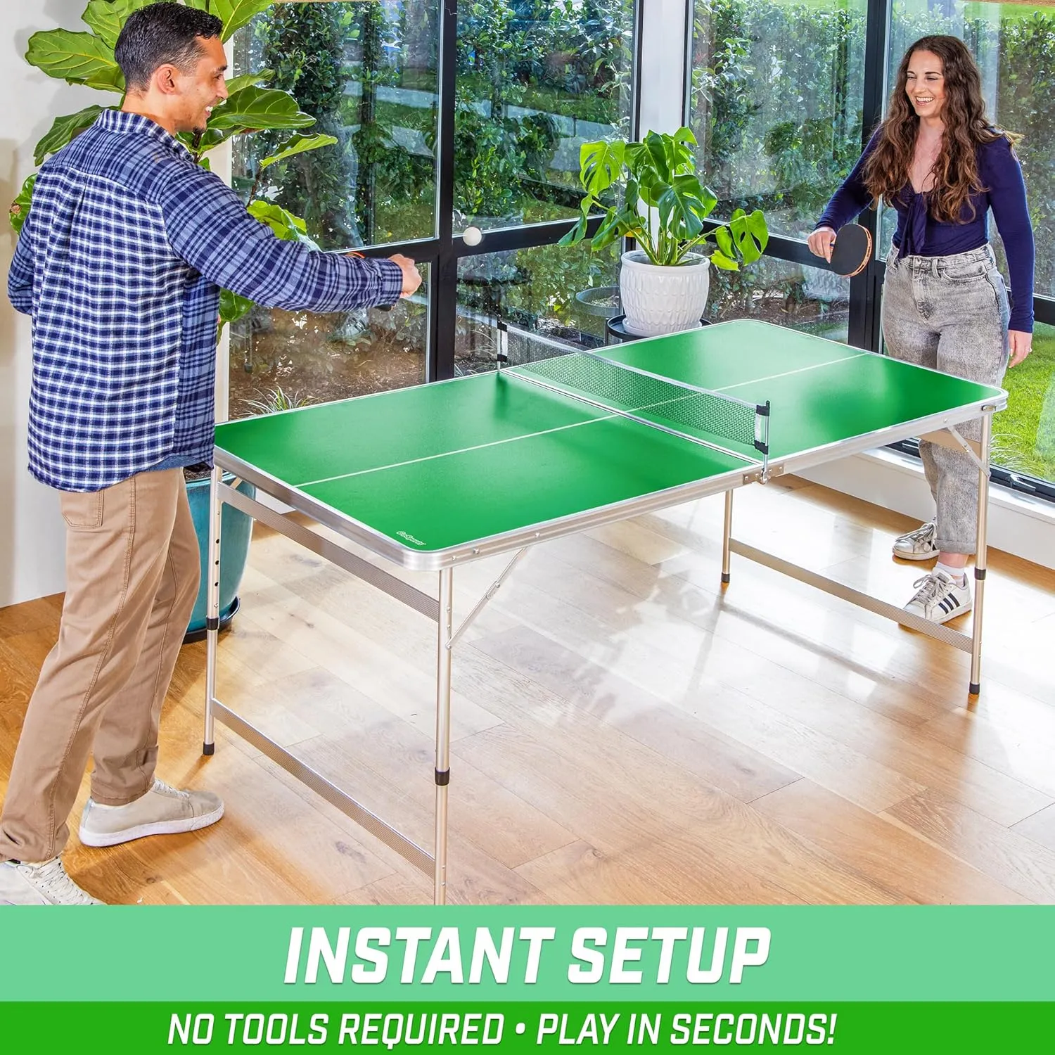 GoSports 6 x 3 ft Mid-Size Table Tennis Table Set with Adjustable Height - Green or Blue