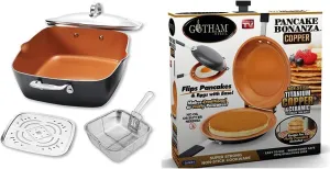 GOTHAM STEEL - 6 Quart XL Nonstick Copper Deep Square All in One 6 Qt Casserole Chef’s Pan & Stock Pot- 4 Piece Set & Double Pan, The Perfect Pancake Maker – Nonstick Copper