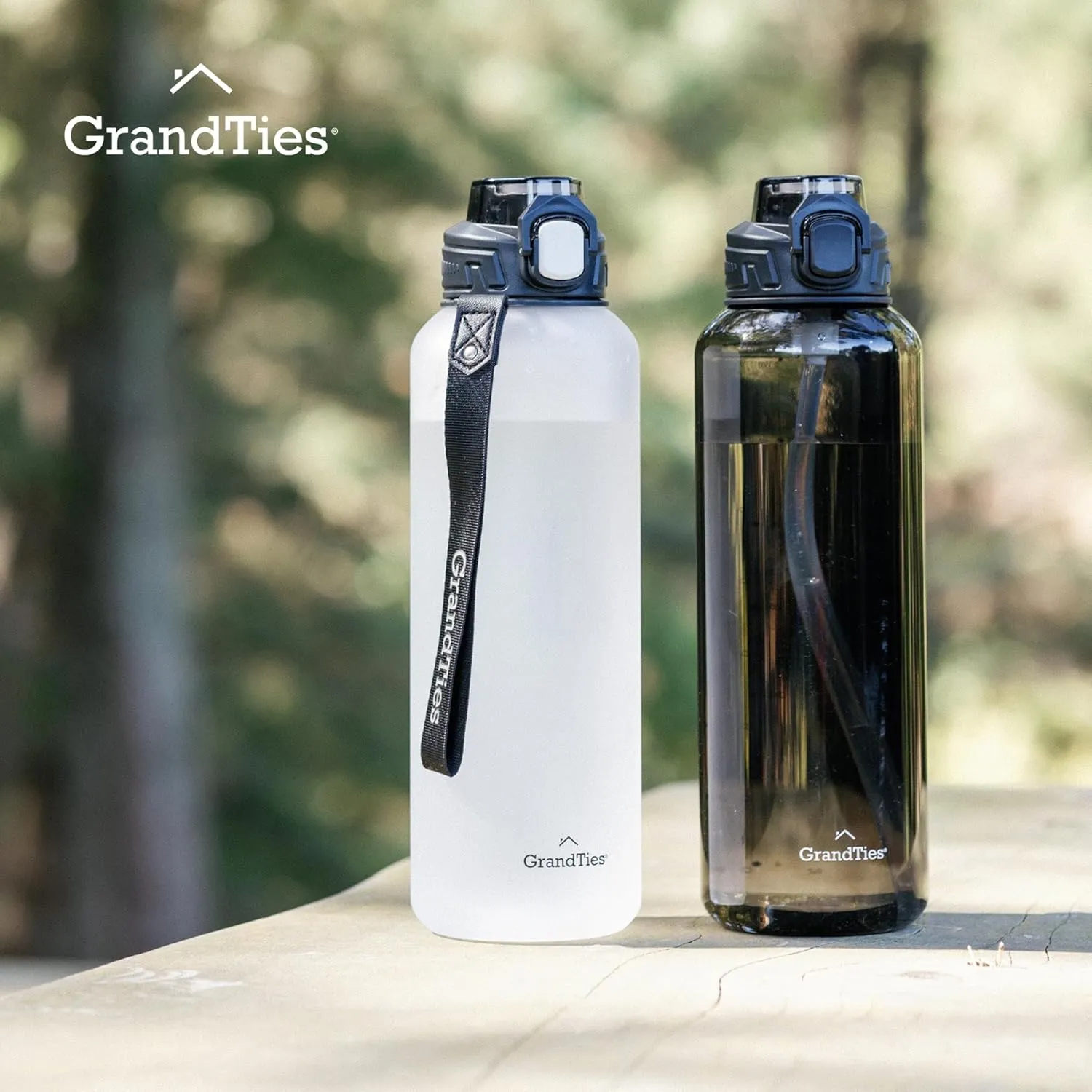 GRANDTIES Sports Tritan Plastic Water Bottle with Straw, Removable – Leakproof BPA Free Dishwasher Safe Travel Water Bottle with Strap for Gym, Outdoor, Fitness (Frosted Snowy White, 52oz (1.5L))