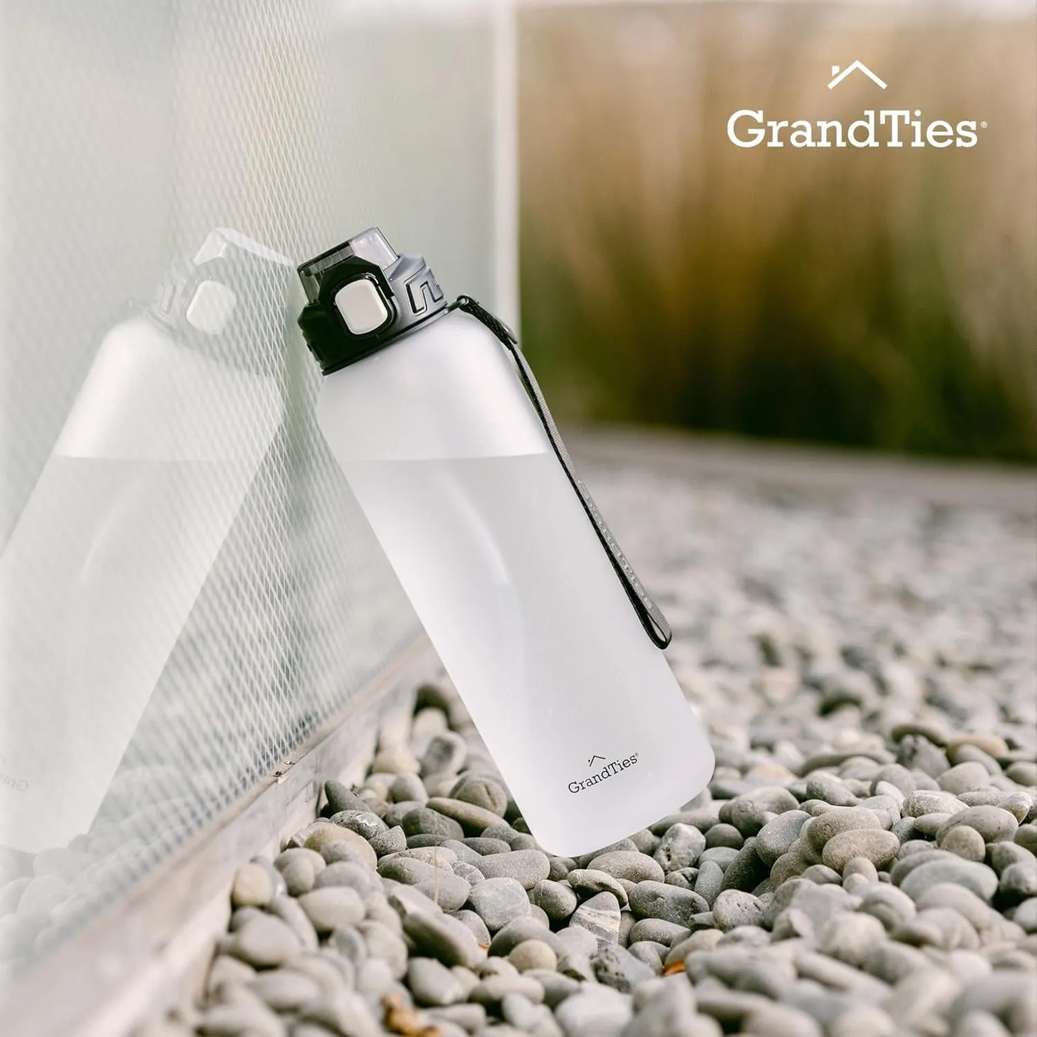 GRANDTIES Sports Tritan Plastic Water Bottle with Straw, Removable – Leakproof BPA Free Dishwasher Safe Travel Water Bottle with Strap for Gym, Outdoor, Fitness (Frosted Snowy White, 52oz (1.5L))