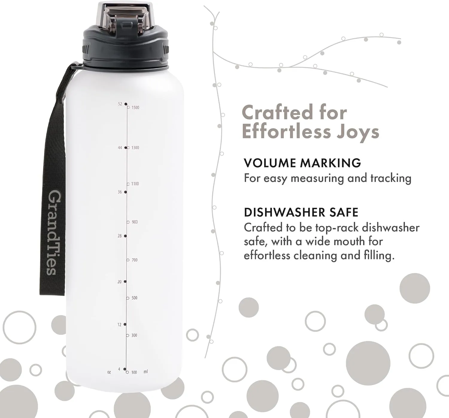 GRANDTIES Sports Tritan Plastic Water Bottle with Straw, Removable – Leakproof BPA Free Dishwasher Safe Travel Water Bottle with Strap for Gym, Outdoor, Fitness (Frosted Snowy White, 52oz (1.5L))