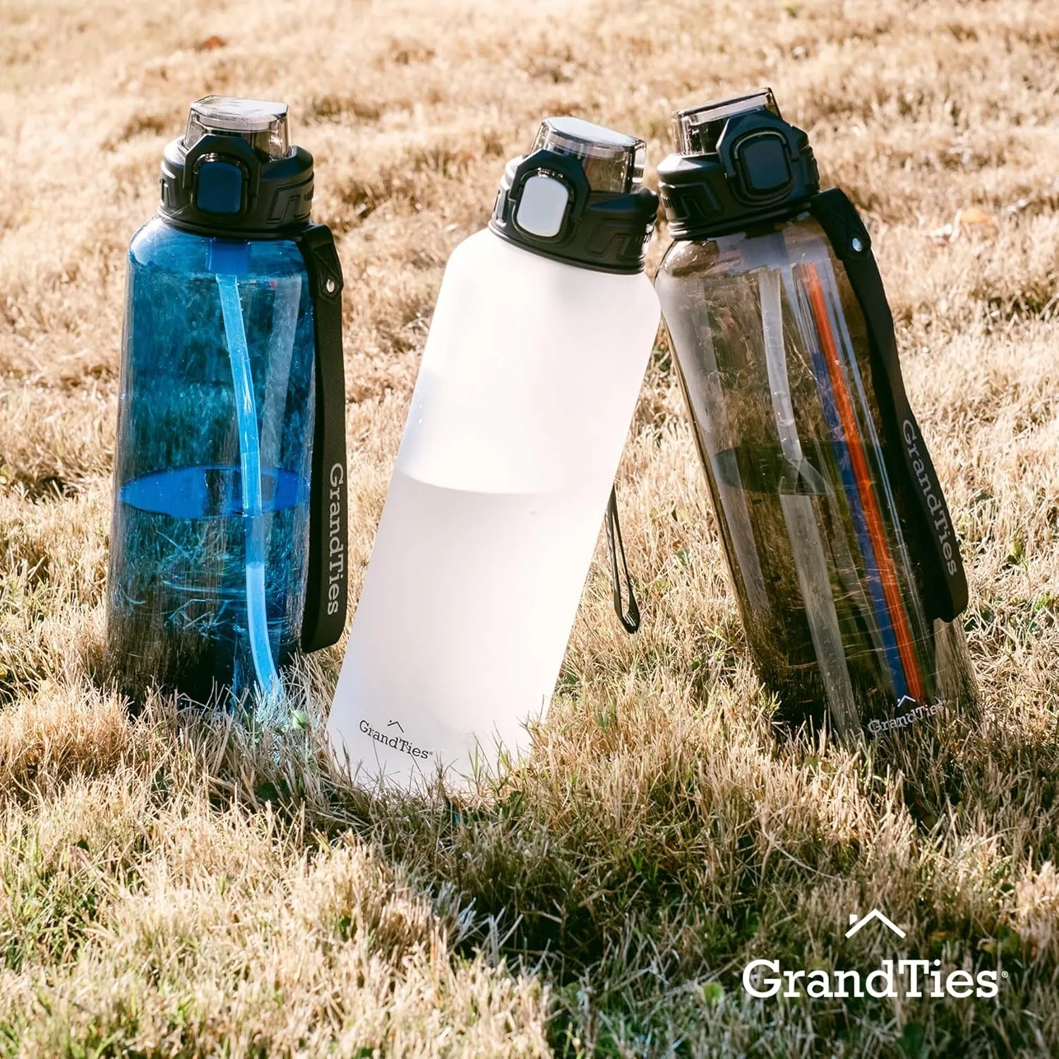 GRANDTIES Sports Tritan Plastic Water Bottle with Straw, Removable – Leakproof BPA Free Dishwasher Safe Travel Water Bottle with Strap for Gym, Outdoor, Fitness (Frosted Snowy White, 52oz (1.5L))