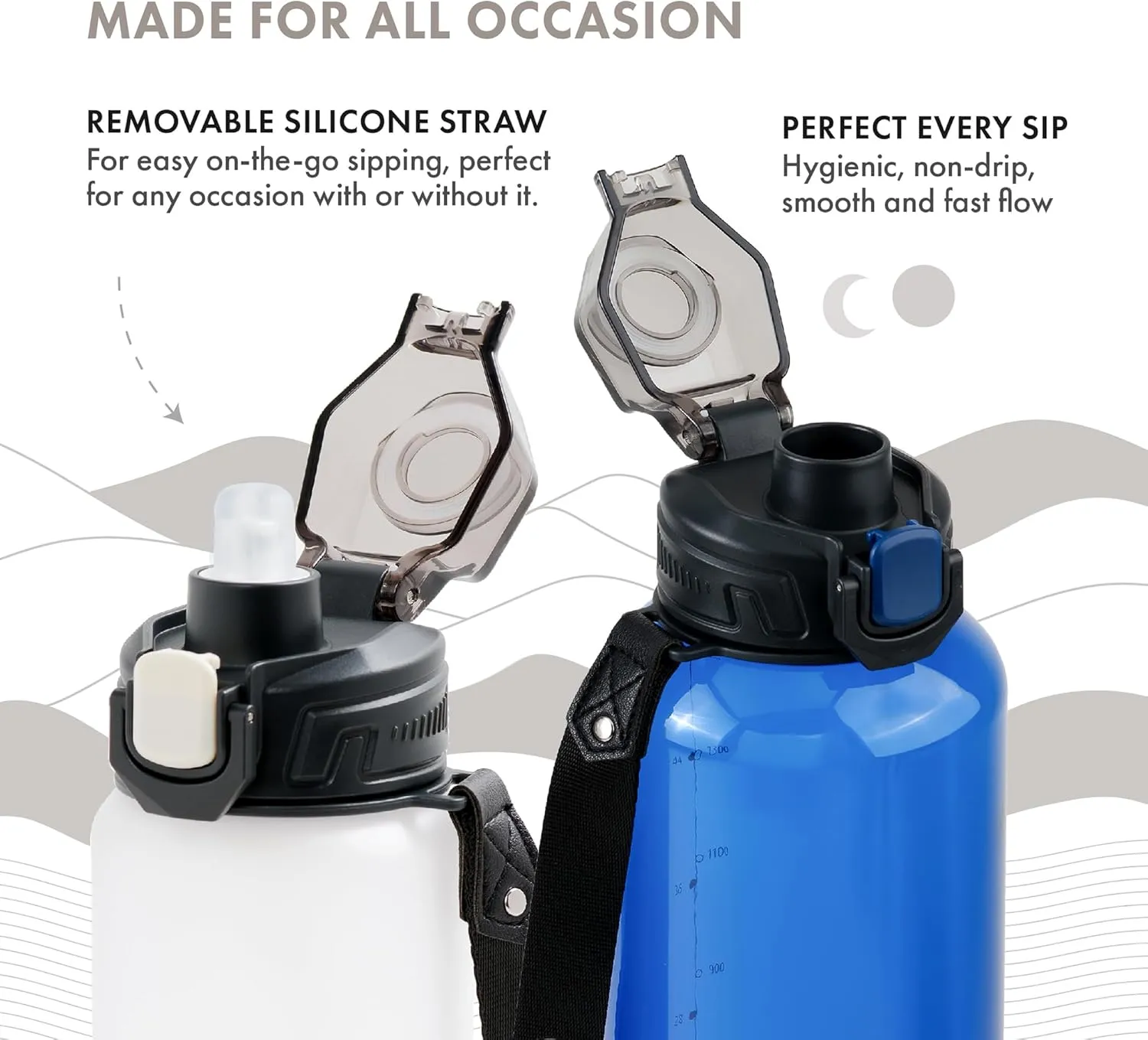 GRANDTIES Sports Tritan Plastic Water Bottle with Straw, Removable – Leakproof BPA Free Dishwasher Safe Travel Water Bottle with Strap for Gym, Outdoor, Fitness (Frosted Snowy White, 52oz (1.5L))