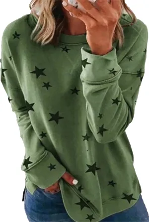 GRASWE Womens Casual Lightweight Sweatshirts Star Print Side Split Pullover Fashion Long Sleeve Tops