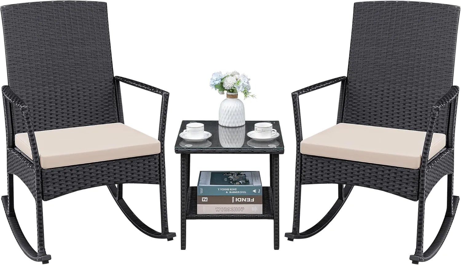 Greesum 3 Pieces Patio Furniture Set Outdoor Wicker Rocking Chairs with Glass Coffee Table for Garden Backyard Porch Poolside, Beige