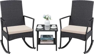 Greesum 3 Pieces Patio Furniture Set Outdoor Wicker Rocking Chairs with Glass Coffee Table for Garden Backyard Porch Poolside, Beige
