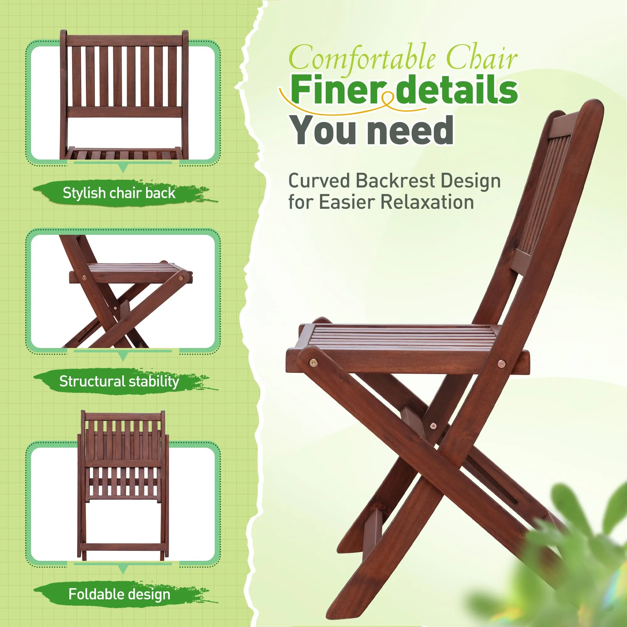 Greesum 5 Piece Patio Dining Set Outdoor Acacia Wood Furniture All-Weather Folding Round Table and Chairs for Backyard,Balcony,Porch,Deck,Garden, Dark Brown